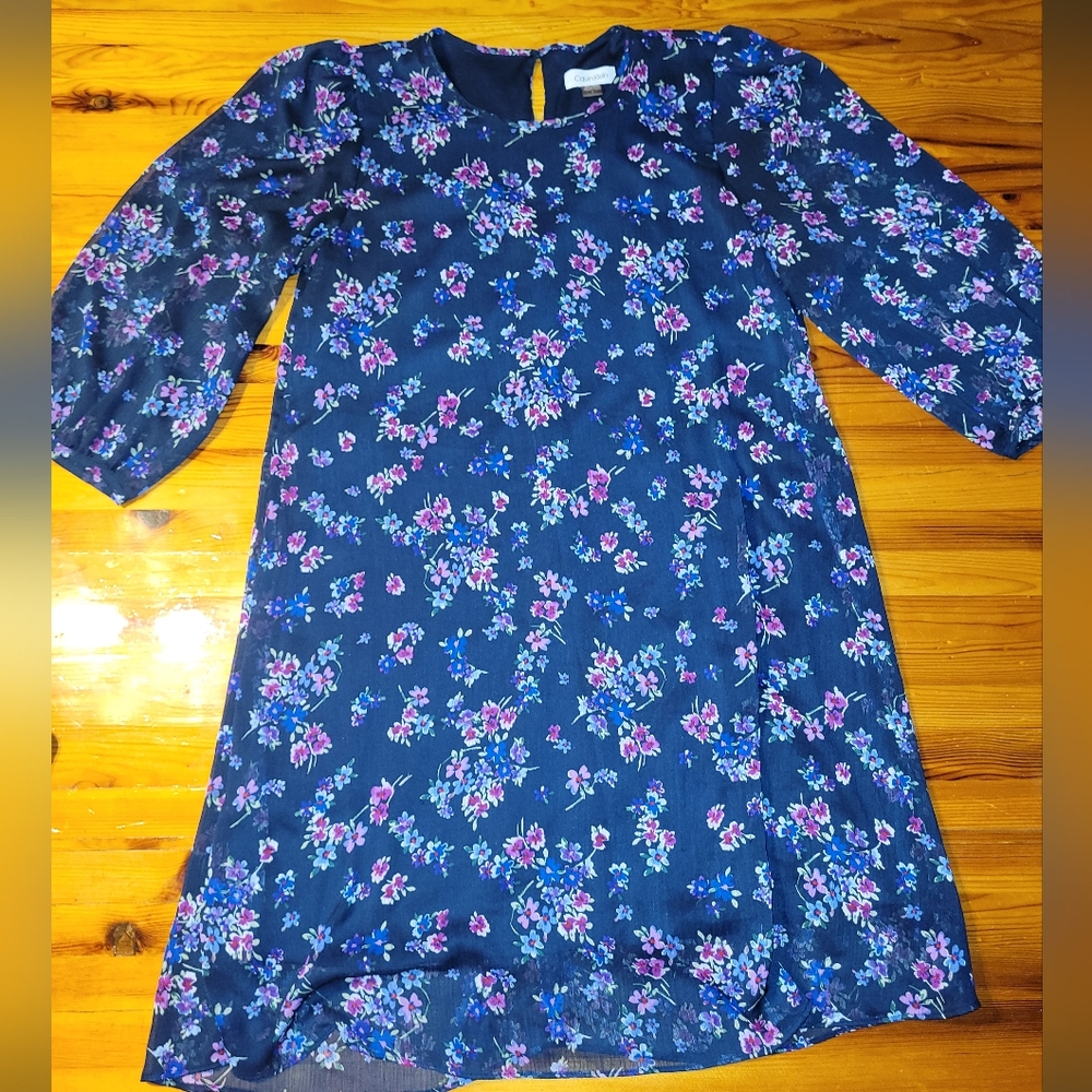 Calvin Klein Floral Long Sleeve Dress - Blue and Purple